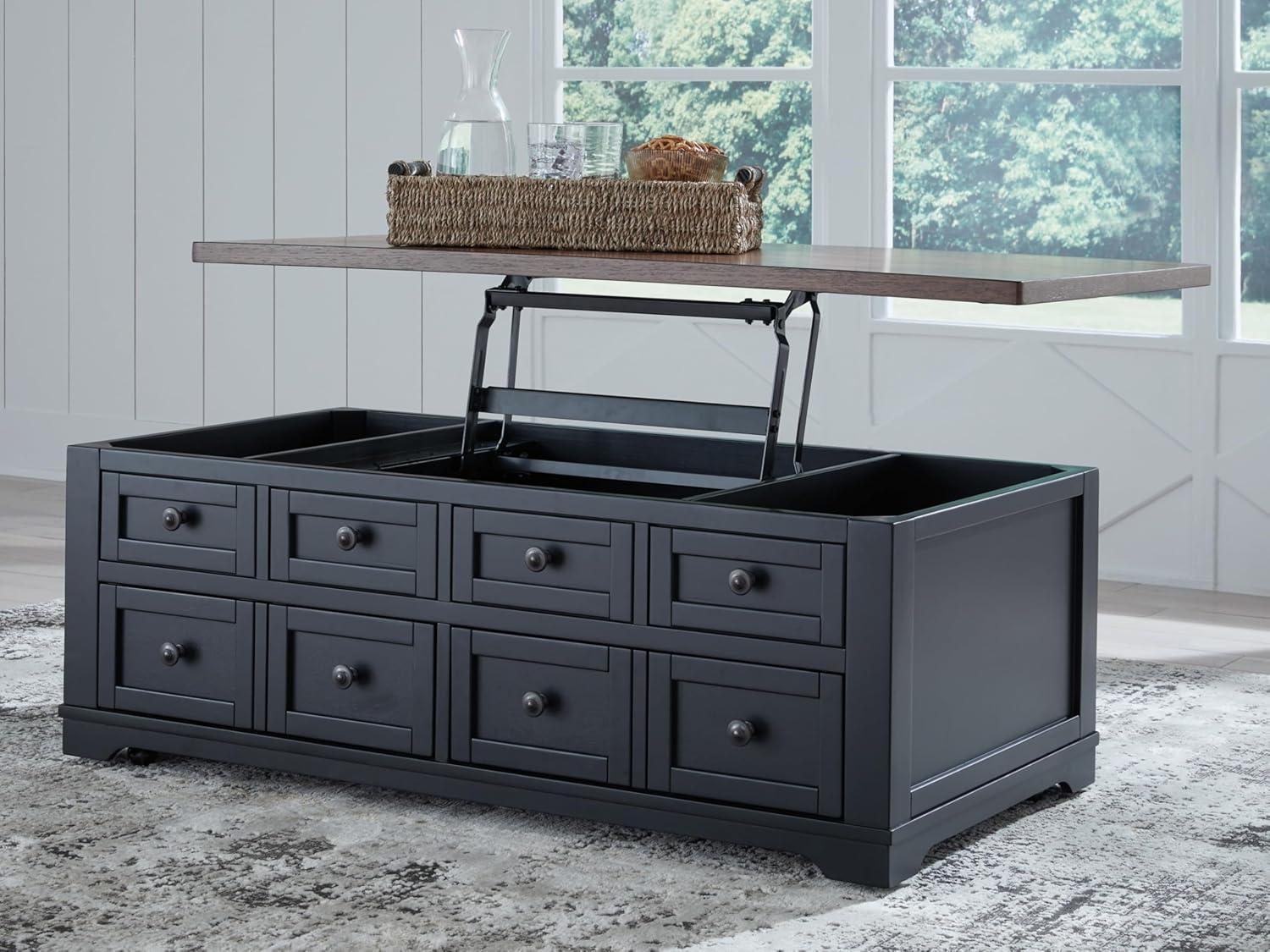 imageSignature Design by Ashley Wildenauer Farmhouse 2Drawer LiftTop Coffee Table with 2 Storage Bins Under Top and Casters Light Brown ampamp BlackBrownBlack