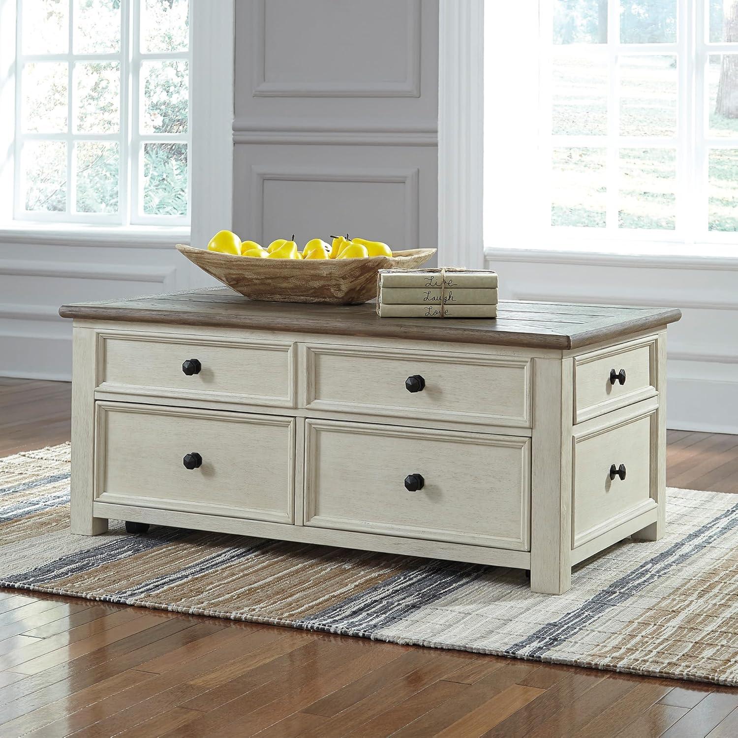imageSignature Design by Ashley Wildenauer Farmhouse 2Drawer LiftTop Coffee Table with 2 Storage Bins Under Top and Casters Light Brown ampamp BlackWhite