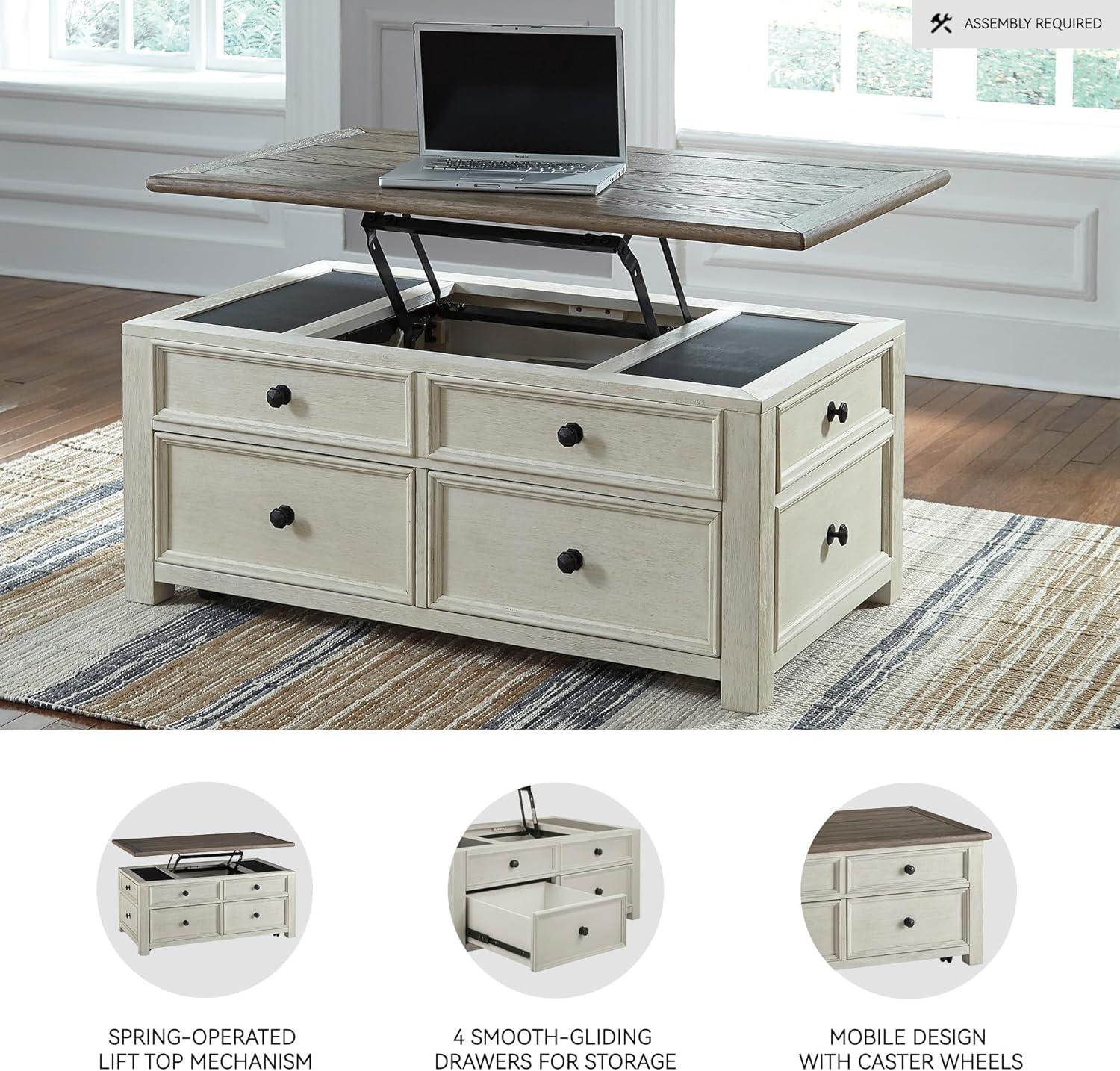 imageSignature Design by Ashley Wildenauer Farmhouse 2Drawer LiftTop Coffee Table with 2 Storage Bins Under Top and Casters Light Brown ampamp BlackWhite