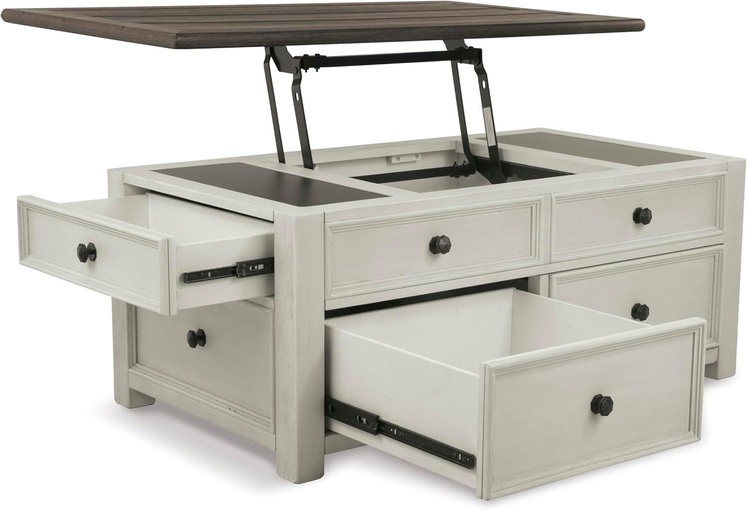 imageSignature Design by Ashley Wildenauer Farmhouse 2Drawer LiftTop Coffee Table with 2 Storage Bins Under Top and Casters Light Brown ampamp BlackWhite
