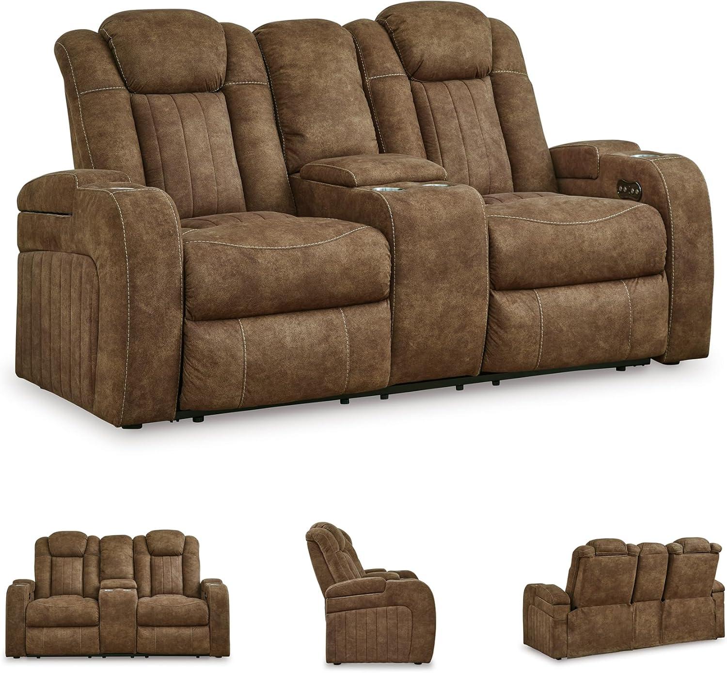 imageSignature Design by Ashley Wolfridge Contemporary Faux Leather Power Reclining Sofa with Drop Down Table LED Lights Electrical Outlet Wireless Charging USB Ports and Cup Holders Light BrownBrown