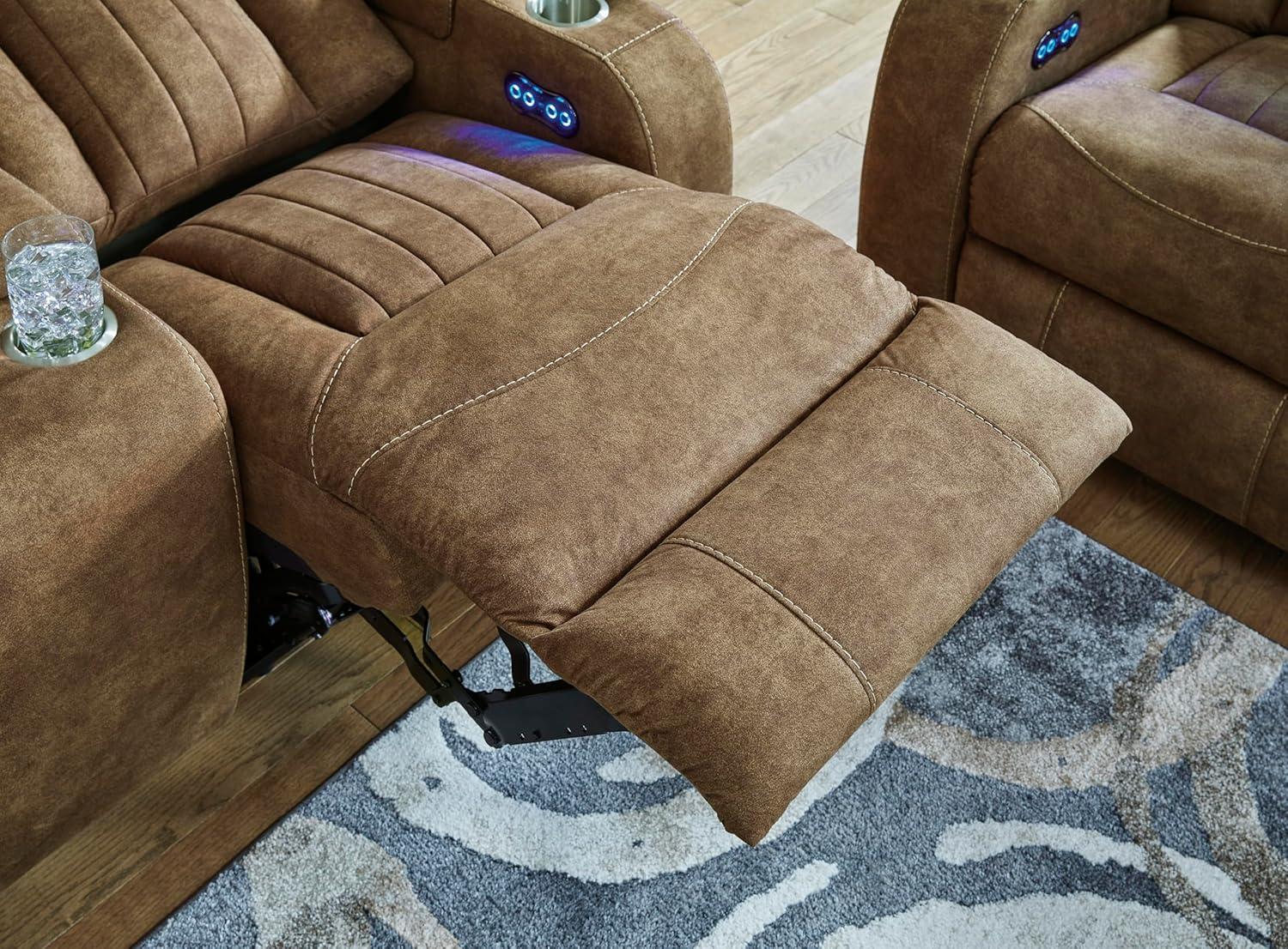 imageSignature Design by Ashley Wolfridge Contemporary Faux Leather Power Reclining Sofa with Drop Down Table LED Lights Electrical Outlet Wireless Charging USB Ports and Cup Holders Light BrownBrown