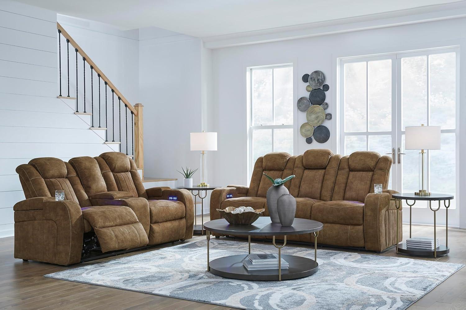 imageSignature Design by Ashley Wolfridge Contemporary Faux Leather Power Reclining Sofa with Drop Down Table LED Lights Electrical Outlet Wireless Charging USB Ports and Cup Holders Light BrownBrown