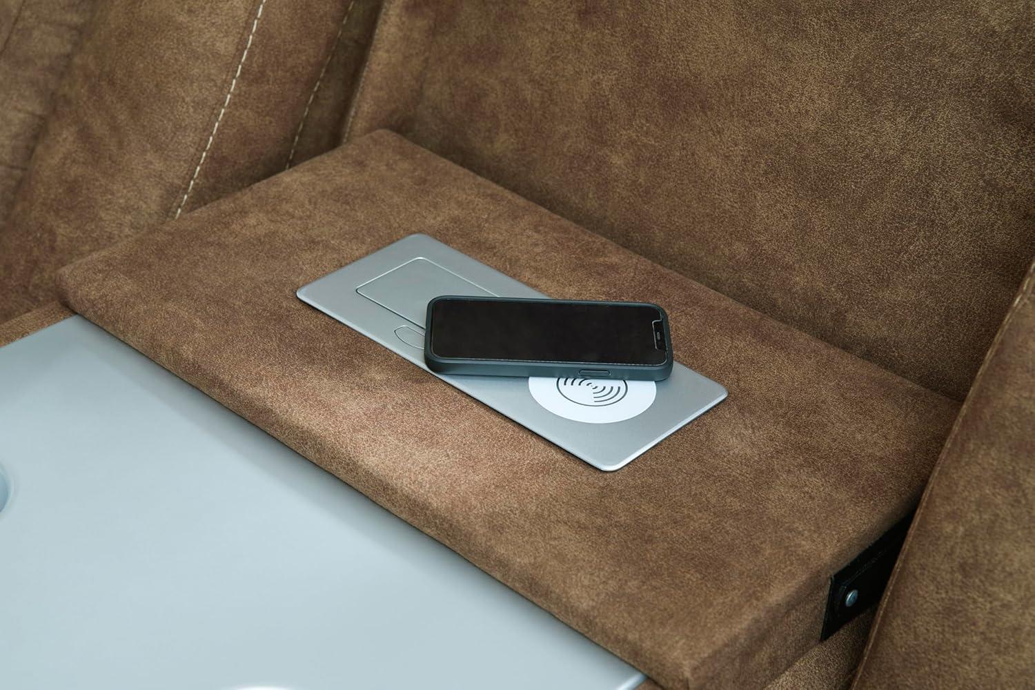 imageSignature Design by Ashley Wolfridge Contemporary Faux Leather Power Reclining Sofa with Drop Down Table LED Lights Electrical Outlet Wireless Charging USB Ports and Cup Holders Light BrownBrown