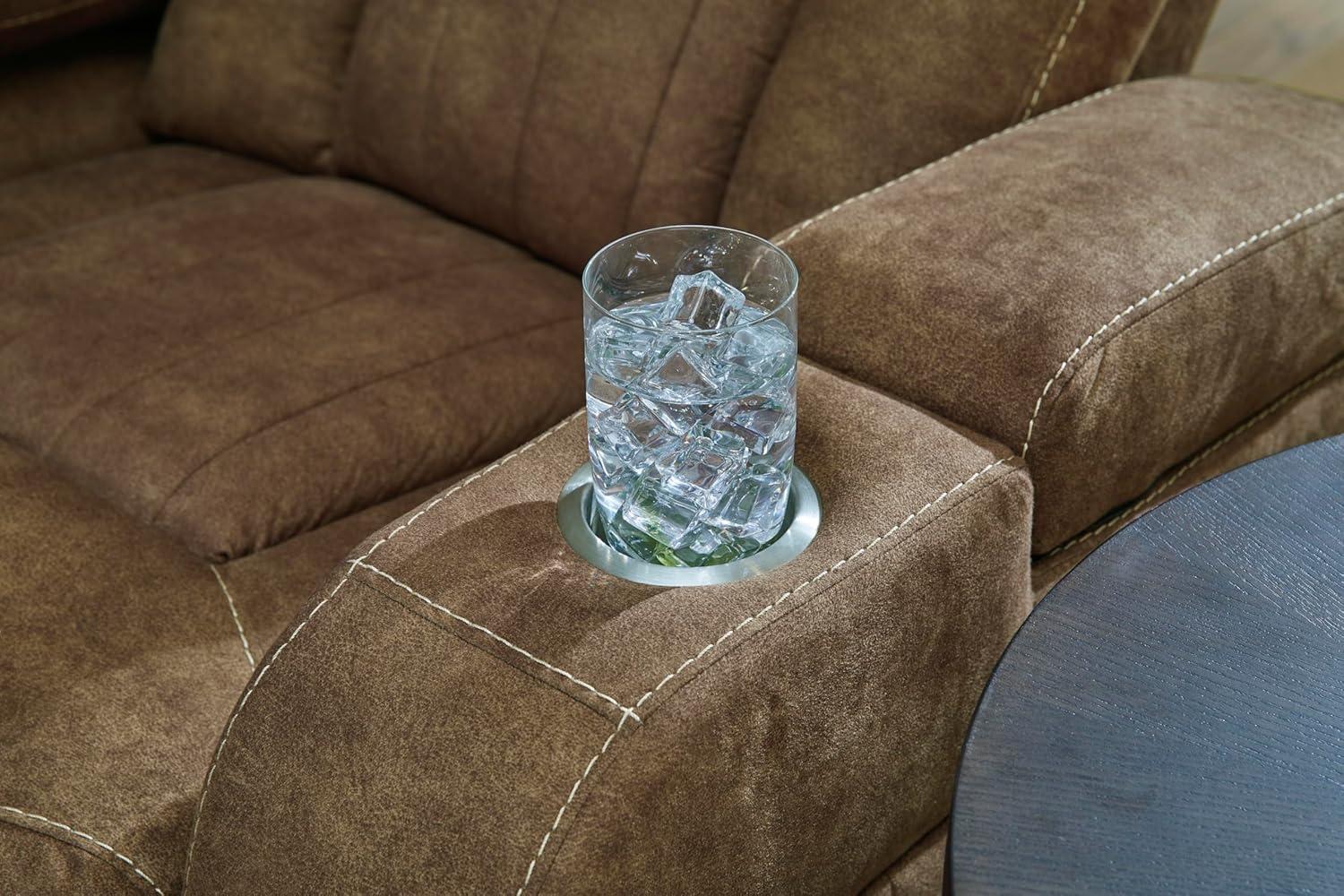 imageSignature Design by Ashley Wolfridge Contemporary Faux Leather Power Reclining Sofa with Drop Down Table LED Lights Electrical Outlet Wireless Charging USB Ports and Cup Holders Light BrownBrown