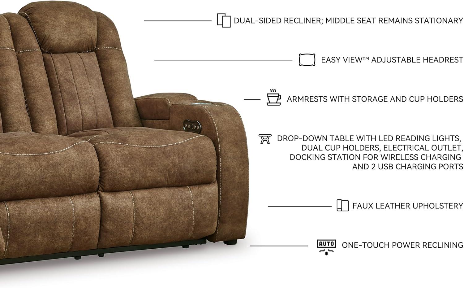 imageSignature Design by Ashley Wolfridge Contemporary Faux Leather Power Reclining Sofa with Drop Down Table LED Lights Electrical Outlet Wireless Charging USB Ports and Cup Holders Light BrownBrown