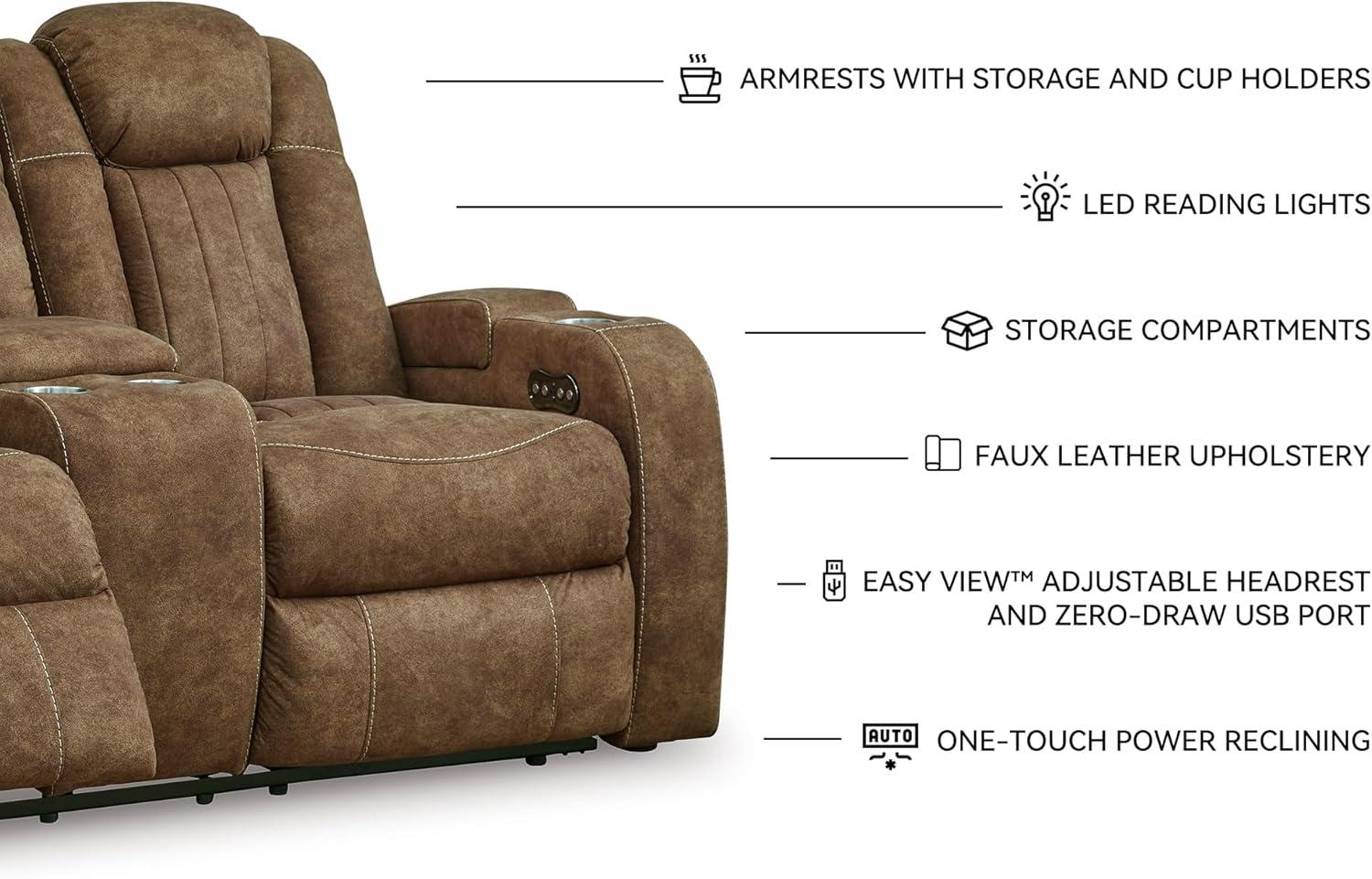 imageSignature Design by Ashley Wolfridge Contemporary Faux Leather Power Reclining Sofa with Drop Down Table LED Lights Electrical Outlet Wireless Charging USB Ports and Cup Holders Light BrownBrown