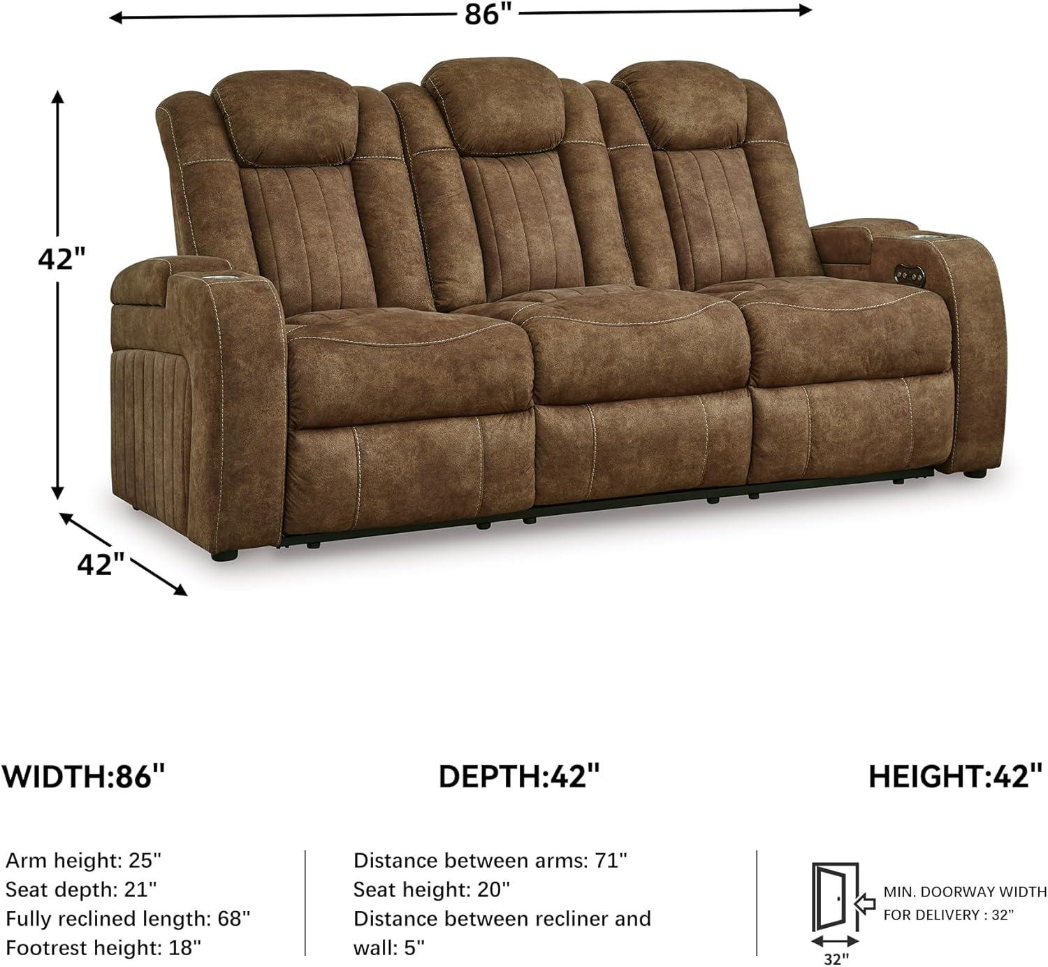 imageSignature Design by Ashley Wolfridge Contemporary Faux Leather Power Reclining Sofa with Drop Down Table LED Lights Electrical Outlet Wireless Charging USB Ports and Cup Holders Light BrownBrown