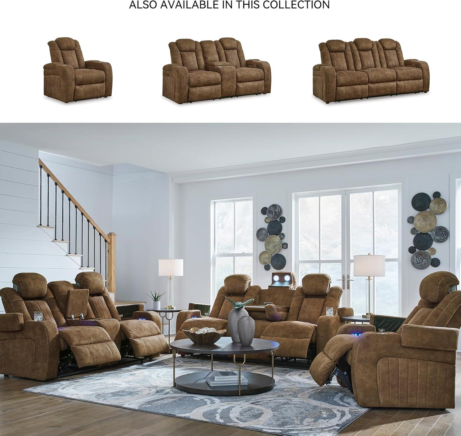 imageSignature Design by Ashley Wolfridge Contemporary Faux Leather Power Reclining Sofa with Drop Down Table LED Lights Electrical Outlet Wireless Charging USB Ports and Cup Holders Light BrownBrown