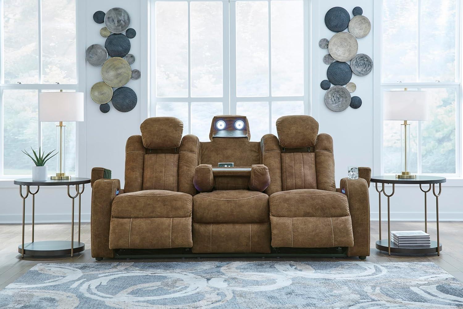 imageSignature Design by Ashley Wolfridge Contemporary Faux Leather Power Reclining Sofa with Drop Down Table LED Lights Electrical Outlet Wireless Charging USB Ports and Cup Holders Light BrownBrown
