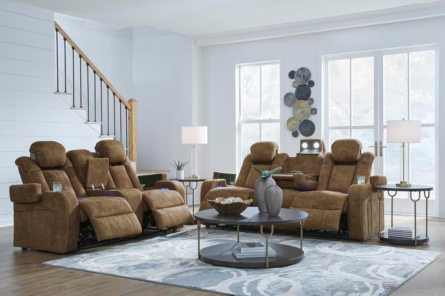 imageSignature Design by Ashley Wolfridge Contemporary Faux Leather Power Reclining Sofa with Drop Down Table LED Lights Electrical Outlet Wireless Charging USB Ports and Cup Holders Light BrownBrown
