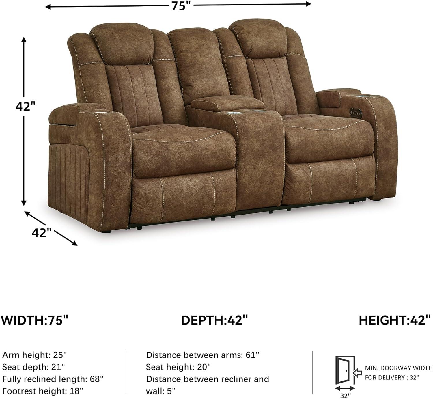 imageSignature Design by Ashley Wolfridge Contemporary Faux Leather Power Reclining Sofa with Drop Down Table LED Lights Electrical Outlet Wireless Charging USB Ports and Cup Holders Light BrownBrown