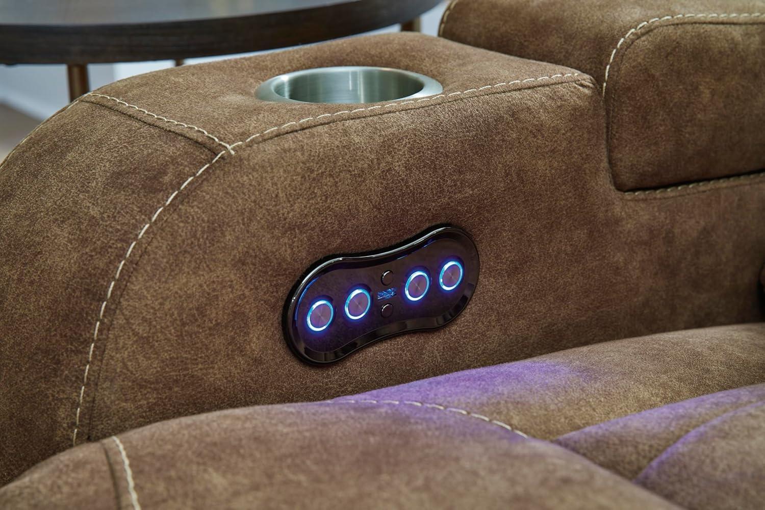 imageSignature Design by Ashley Wolfridge Contemporary Faux Leather Power Reclining Sofa with Drop Down Table LED Lights Electrical Outlet Wireless Charging USB Ports and Cup Holders Light BrownBrown