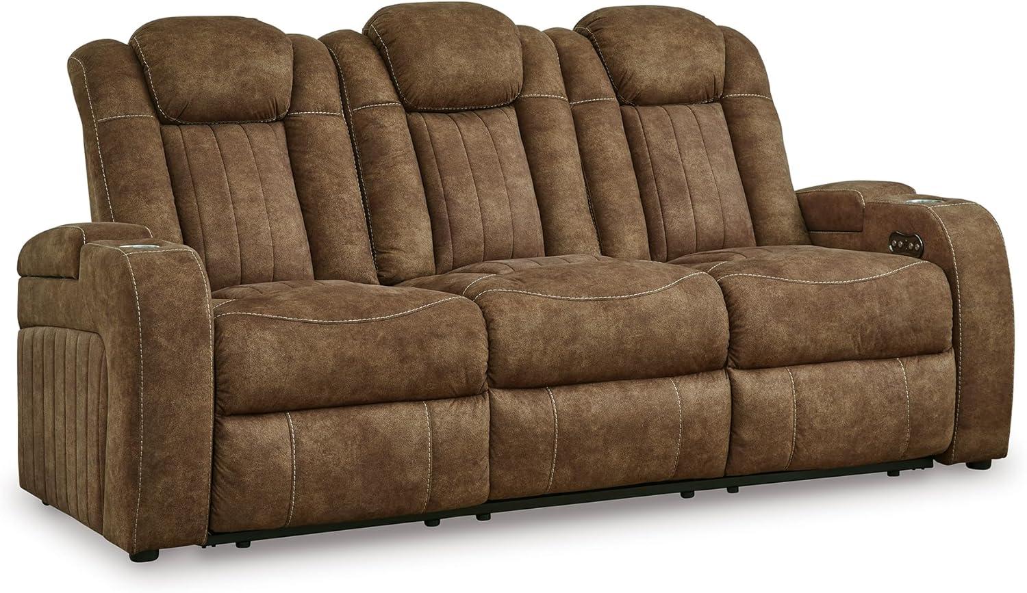 imageSignature Design by Ashley Wolfridge Contemporary Faux Leather Power Reclining Sofa with Drop Down Table LED Lights Electrical Outlet Wireless Charging USB Ports and Cup Holders Light BrownBrown