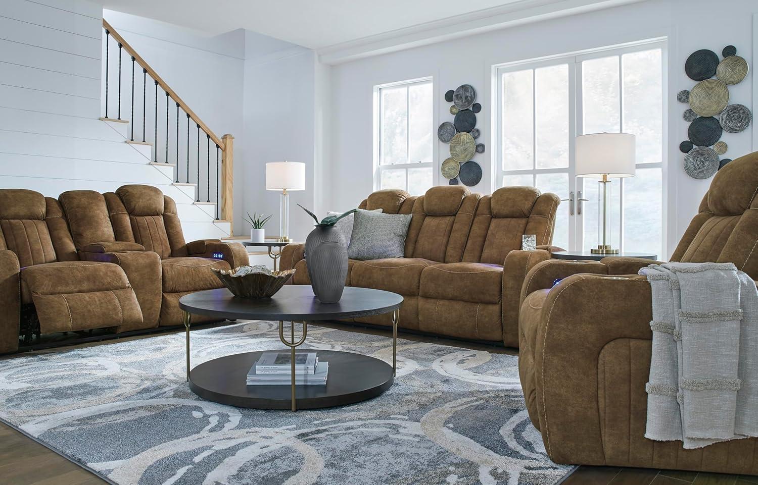 imageSignature Design by Ashley Wolfridge Contemporary Faux Leather Power Reclining Sofa with Drop Down Table LED Lights Electrical Outlet Wireless Charging USB Ports and Cup Holders Light BrownBrown