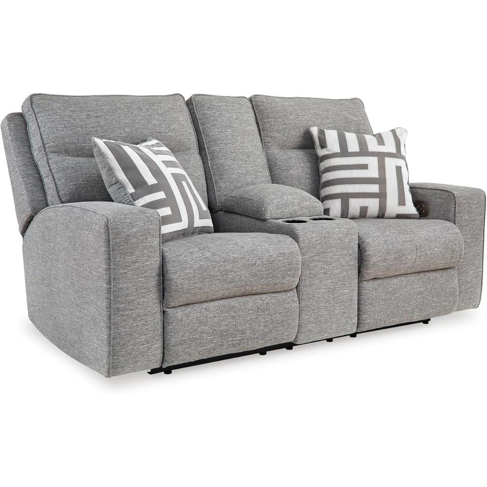 imageSignature Design by Ashley Biscoe Casual UV Resistant Power Reclining Sofa with Adjustable Headrest and USB Ports Light GrayRecliner