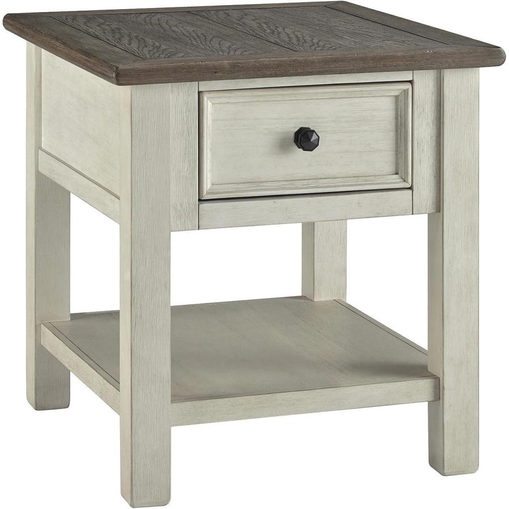 imageSignature Design by Ashley Bolanburg Farmhouse Rectangular End Table Plank Style Top Drawer Wood 24quot W x 27quot D x 25quot H 2tone Finish Antique CreamWhitewash