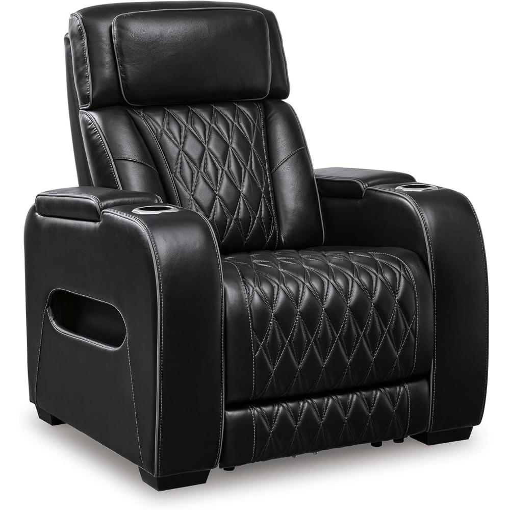 imageSignature Design by Ashley Boyington Contemporary Leather Match Power Recliner with Adjustable Headrest Cup Holders USB Port and Air Massage System BlackBlack