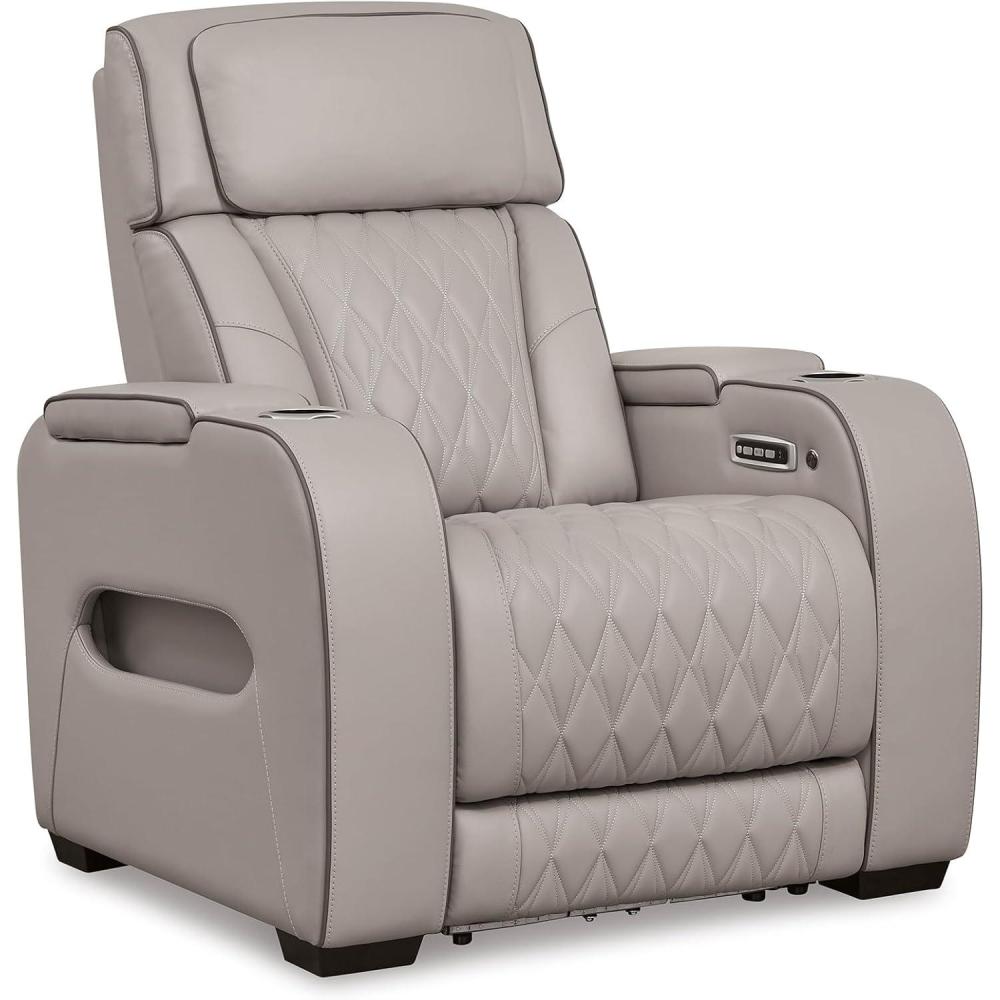 imageSignature Design by Ashley Boyington Contemporary Leather Match Power Recliner with Adjustable Headrest Cup Holders USB Port and Air Massage System BlackLight Gray