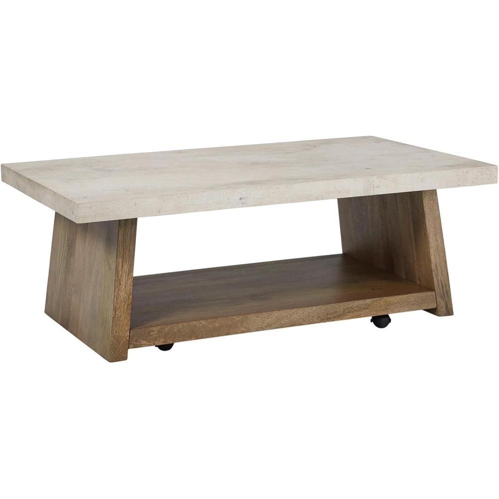 imageSignature Design by Ashley Brendalhouse Casual Coffee Table with Faux Cement Top Bottom Shelf and Casters Light Brown ampamp WhiteTwo Toned