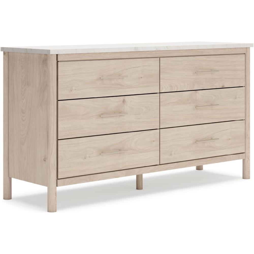 imageSignature Design by Ashley Cadmori Casual Bohemian Dresser with Post Legs and 6 Drawers Replicated Marble Top Wood 35quot High White and Light Brown FinishLight Brown  White
