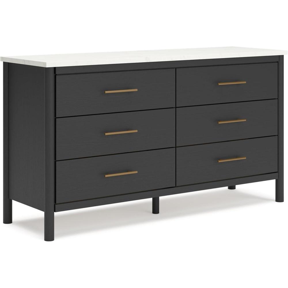 imageSignature Design by Ashley Cadmori Casual Bohemian Dresser with Post Legs and 6 Drawers Replicated Marble Top Wood 35quot High White and Light Brown FinishBlack White