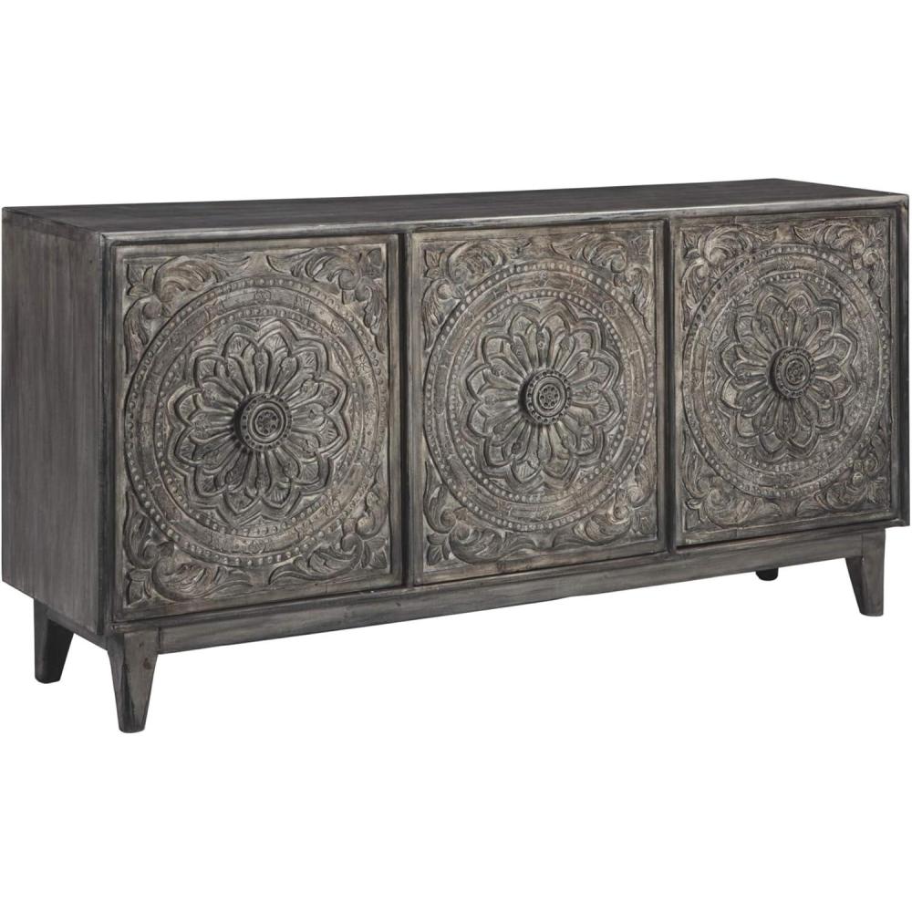 imageSignature Design by Ashley Fair Ridge Boho Hand Carved Wood Accent Cabinet or TV Stand Dark Gray