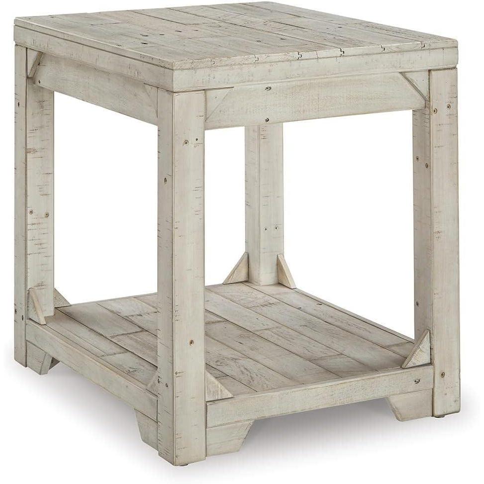 imageSignature Design by Ashley Fregine Farmhouse Rectangular End Table with Lower Open Shelf Triangle Bracket Accents Wood 2525quot High Weathered WhiteWhitewash