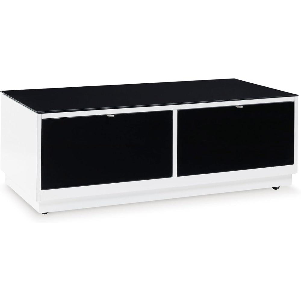 imageSignature Design by Ashley Gardoni Modern GlassTabletop Coffee Table with 2 Drawers Open Shelf Casters and High Gloss Finish White ampamp Black