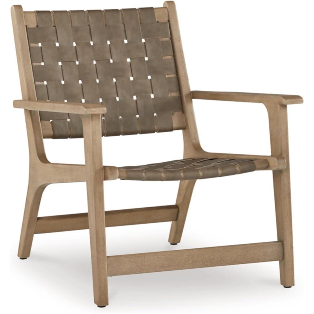imageSignature Design by Ashley Jameset MidCentury Modern Accent Chair with Foot Rest Leather Woven Strips and Tight Seat Light Brown