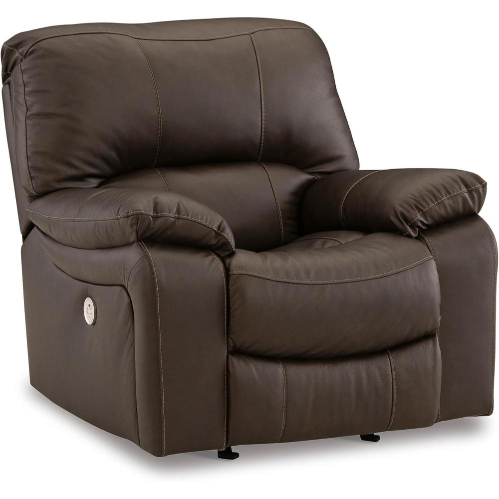 imageSignature Design by Ashley Leesworth Contemporary Leather Match Power Rocker Recliner with USB Ports Dark BrownBrown