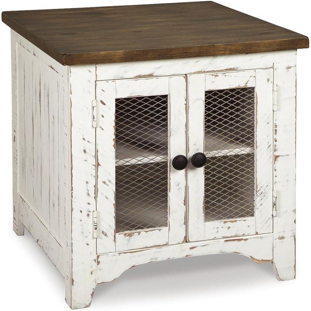 imageSignature Design by Ashley Moriville Rustic Farmhouse Rectangular End Table with Dual Cabinet Doors Antique BronzeTone Hardware Wood 25quot High BrownWhiteBrown