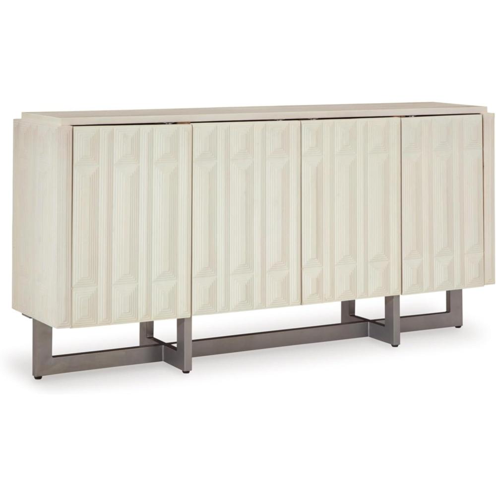 imageSignature Design by Ashley Ornawel Contemporary 4Door Accent Cabinet with 2 Shelves Step Pattern and Lightly Distressed Finish White