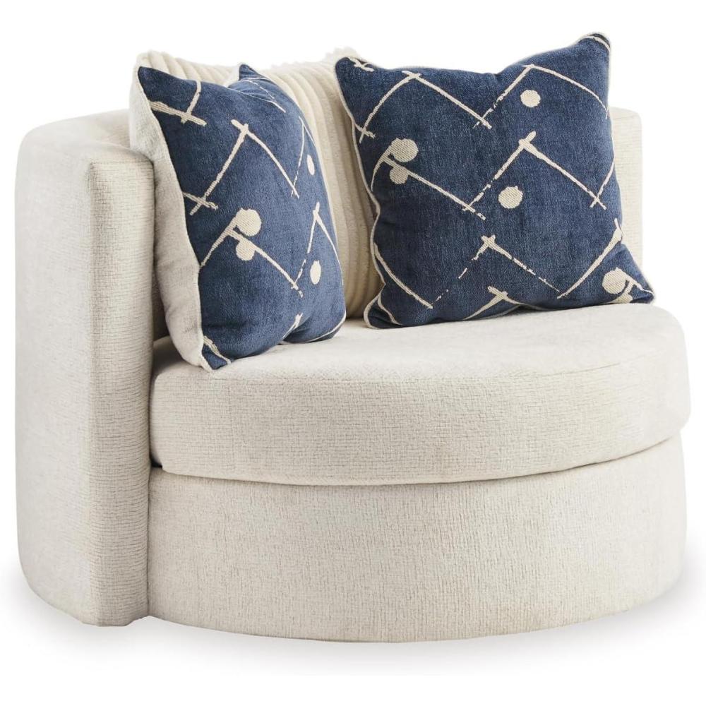 imageSignature Design by Ashley Padova Transitional Upholstered Swivel Accent Chair Reversible Seat Cushion 3 Complimentary Accent Pillows 360Degree Swivel Ivory Fabric