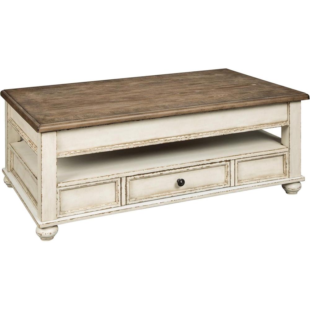 imageSignature Design by Ashley Realyn Vintage Farmhouse Rectangular Lift Top Coffee Table with Storage Drawer White ampamp BrownWhite Wash