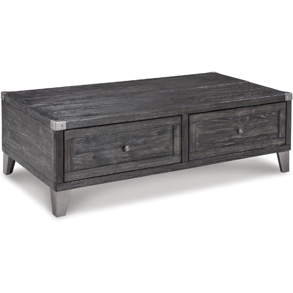 imageSignature Design by Ashley Todoe Industrial SpringLift Top Coffee Table 2 Storage Drawers Metal Legs Wood 5438quot W x 285quot D x 1825quot H Dark Gray ampamp Weathered Pine FinishDark Gray