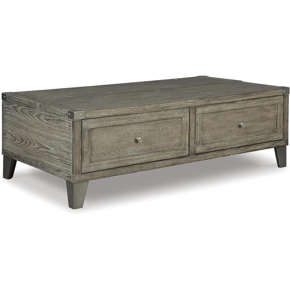 imageSignature Design by Ashley Todoe Industrial SpringLift Top Coffee Table 2 Storage Drawers Metal Legs Wood 5438quot W x 285quot D x 1825quot H Dark Gray ampamp Weathered Pine FinishRustic Brown