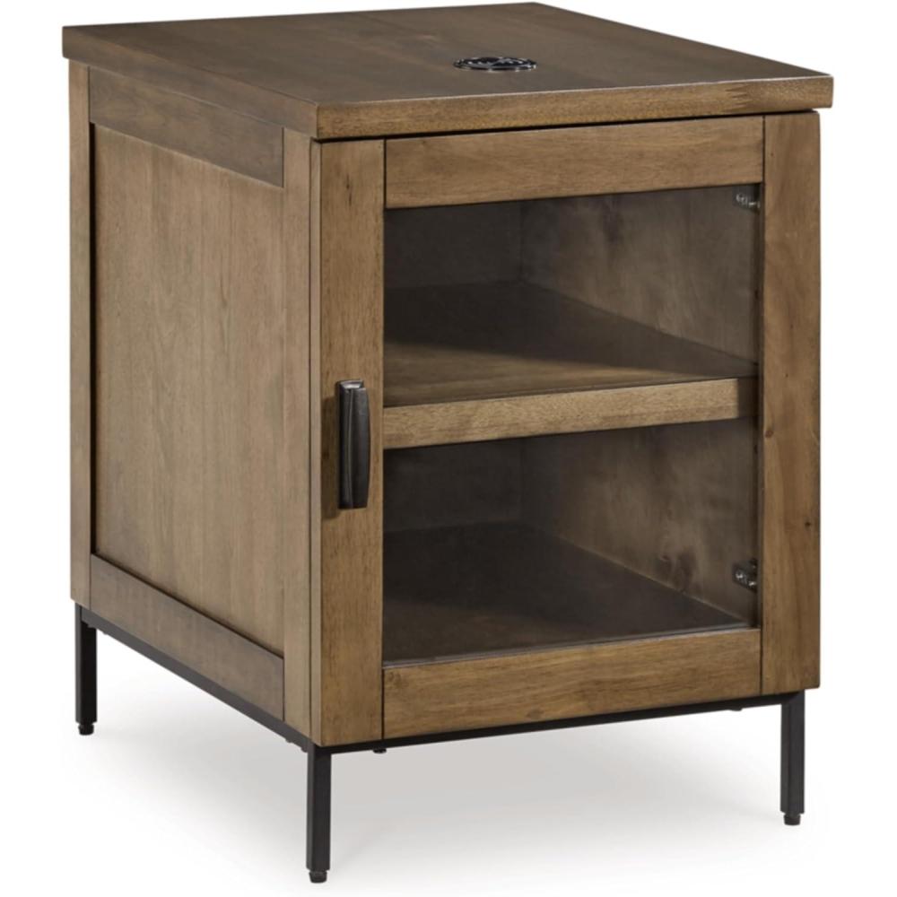 imageSignature Design by Ashley Torlanta Contemporary Chairside End Table with 1 Door 1 Shelf and Wireless Charging Light Brown ampamp Black