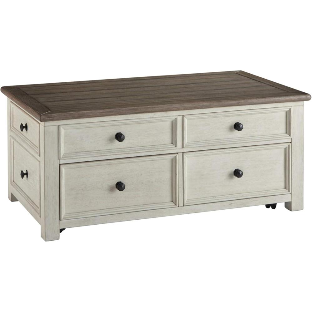 imageSignature Design by Ashley Wildenauer Farmhouse 2Drawer LiftTop Coffee Table with 2 Storage Bins Under Top and Casters Light Brown ampamp BlackWhite