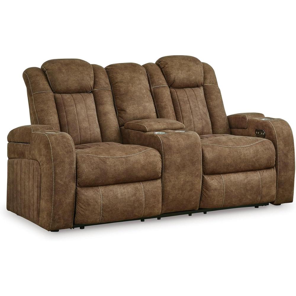 imageSignature Design by Ashley Wolfridge Contemporary Faux Leather Power Reclining Sofa with Drop Down Table LED Lights Electrical Outlet Wireless Charging USB Ports and Cup Holders Light BrownBrown