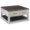 imageSignature Design by Ashley Darborn Farmhouse LiftTop Coffee Table with Drawers Lower Shelf and Casters Light Gray ampamp Dark Brown