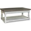 imageSignature Design by Ashley Havalance Farmhouse Lift Top Coffee Table with Fixed Shelf and 2 Hidden Storage Trays Gray ampamp White with Weathered FinishOpen