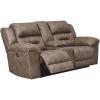 imageSignature Design by Ashley Stoneland Faux Leather Manual Double Reclining Loveseat with Center Console Light BrownGrey