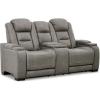 imageSignature Design by Ashley The ManDen Leather Power Reclining Loveseat with Center Console Adjustable Headrest ampamp Wireless Charging GrayGrey
