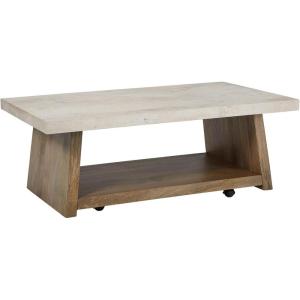 Signature Design by Ashley Brendalhouse Casual Coffee Table with Faux Cement Top, Bottom Shelf and Casters, Light Brown & White(Two Toned)