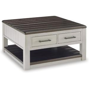 Signature Design by Ashley Darborn Farmhouse Lift-Top Coffee Table with Drawers, Lower Shelf and Casters, Light Gray & Dark Brown