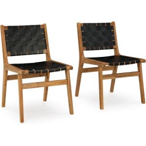 Signature Design by Ashley Fortmaine Modern Upholstered Armless Dining Chair with Open Back and Woven Leather Straps, Set of 2, Light Brown & Black