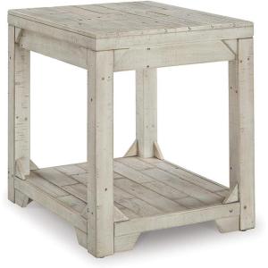 Signature Design by Ashley Fregine Farmhouse Rectangular End Table with Lower Open Shelf, Triangle Bracket Accents, Wood, 25.25″ High, Weathered White(Whitewash)