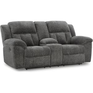 Signature Design by Ashley Frohn Contemporary Manual Reclining Loveseat with Console with Console, Storage and Cup Holders, Gray(Grey)