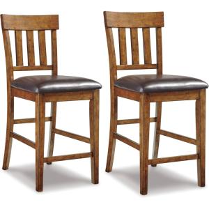 Signature Design by Ashley Haddigan Upholstered Barstool, 2 Count, Slat Back Design, Cushioned Seat, Wood, 25.5″ H, Dark Brown(Light Brown)